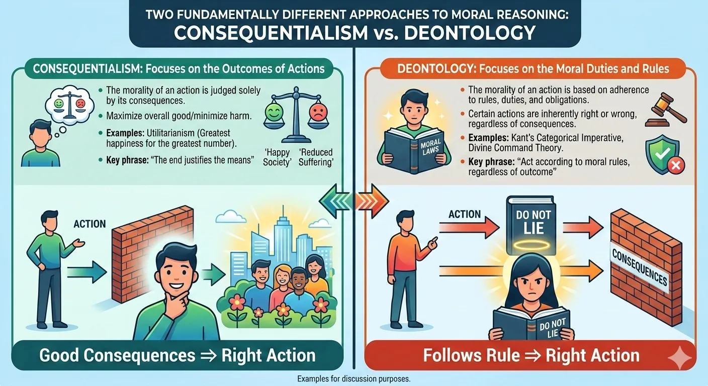 Side-by-side comparison of consequentialism focusing on outcomes versus deontology focusing on duties and moral rules