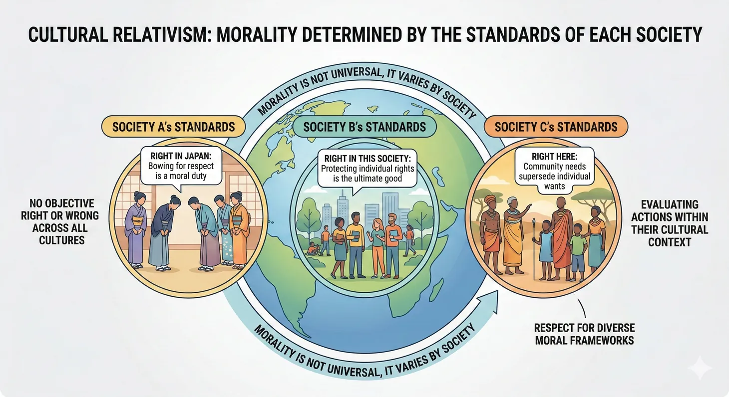 Diagram showing how cultural relativism holds that moral codes vary across different societies with no universal standard