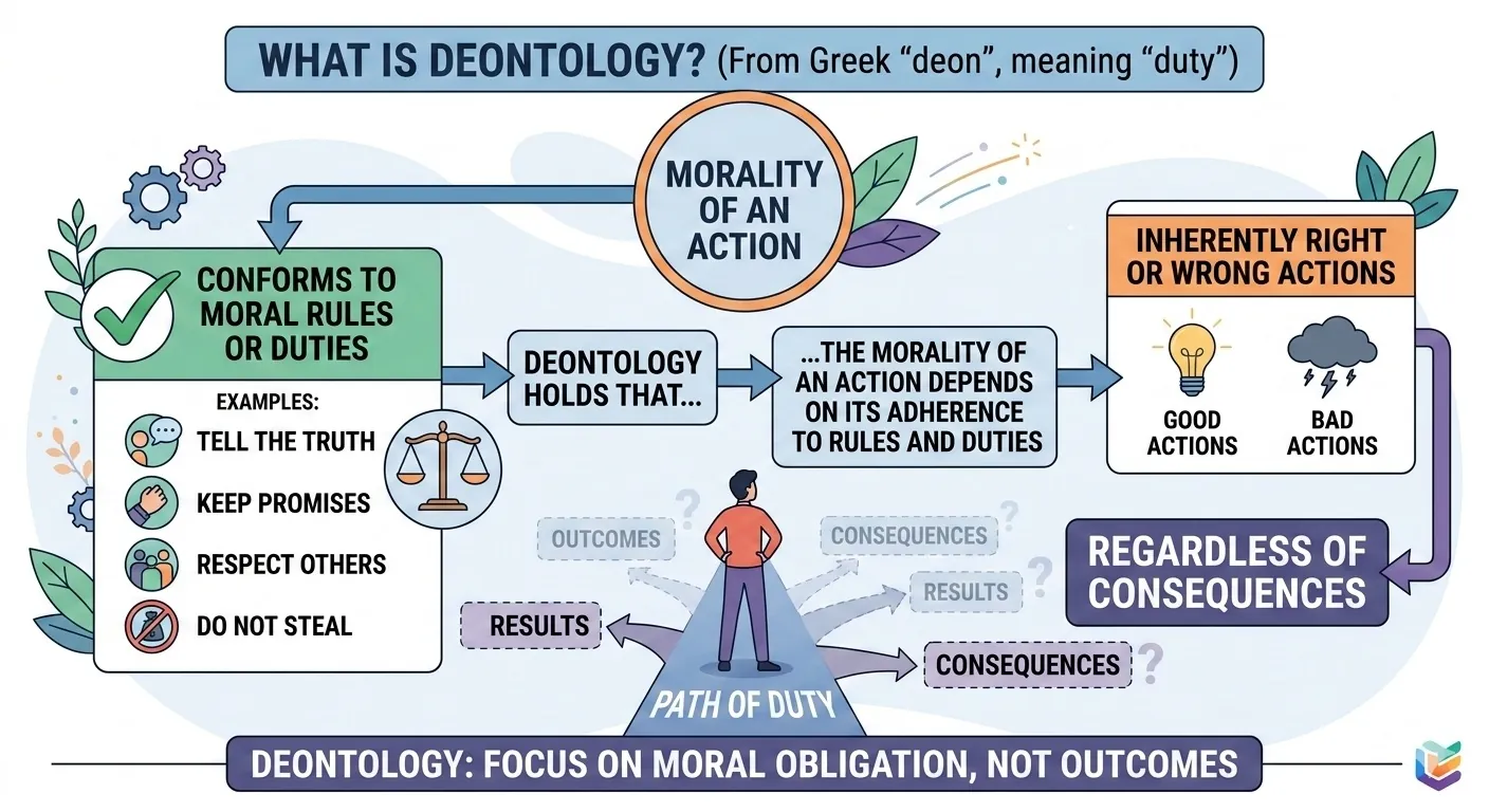 Conceptual illustration of deontology as a duty-based ethical framework where moral rules take precedence over consequences
