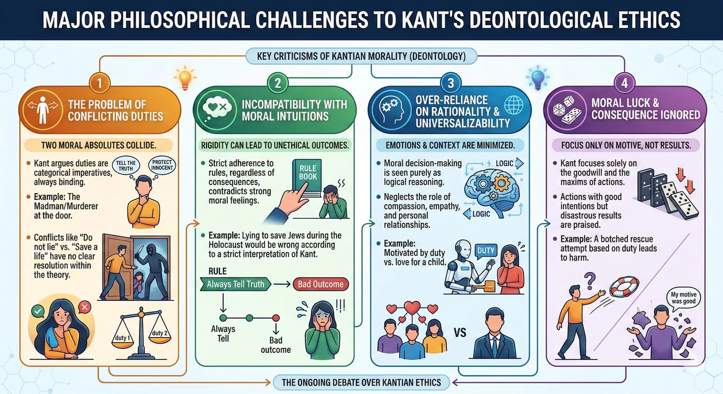 Illustration of the key objections to Kantian deontology including conflicting duties, rigidity, and formalism