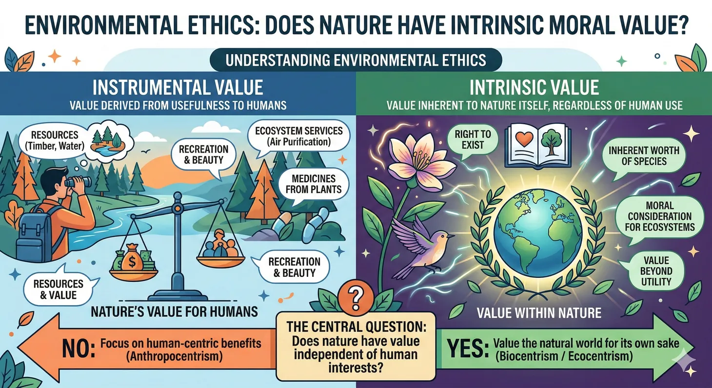Illustration of environmental ethics examining the intrinsic value of nature and moral obligations to the natural world