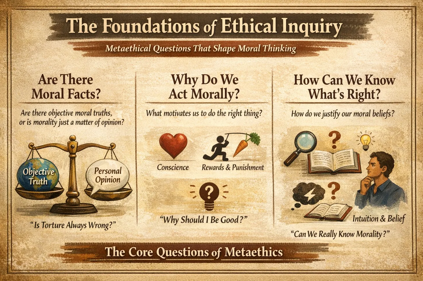 Visual overview of the three fundamental questions in ethics: moral facts, moral motivation, and moral knowledge