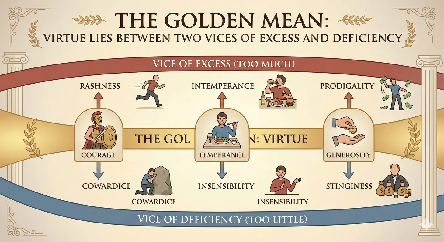 Diagram illustrating Aristotle's doctrine of the golden mean with virtue as the balance point between excess and deficiency