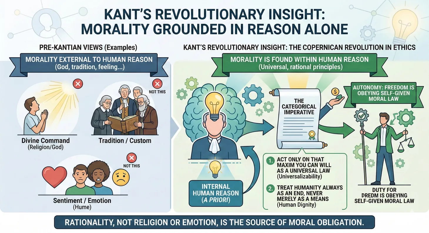 Illustration of Immanuel Kant's ethical philosophy showing morality derived from pure reason independent of emotion or consequence