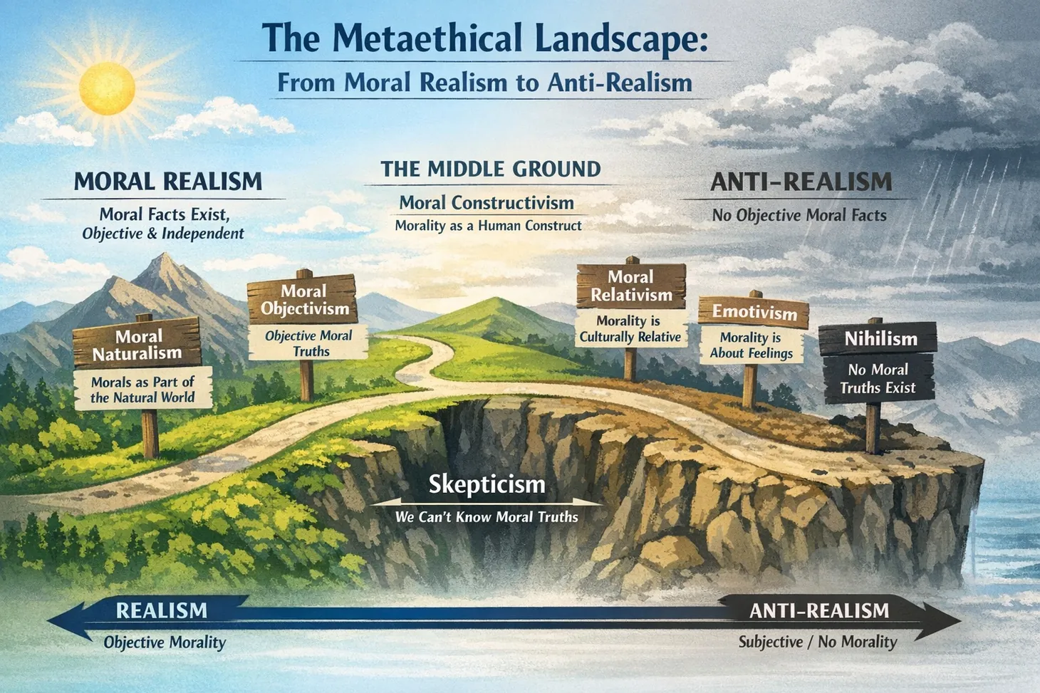 Diagram illustrating the metaethical spectrum from moral realism to anti-realism with key positions