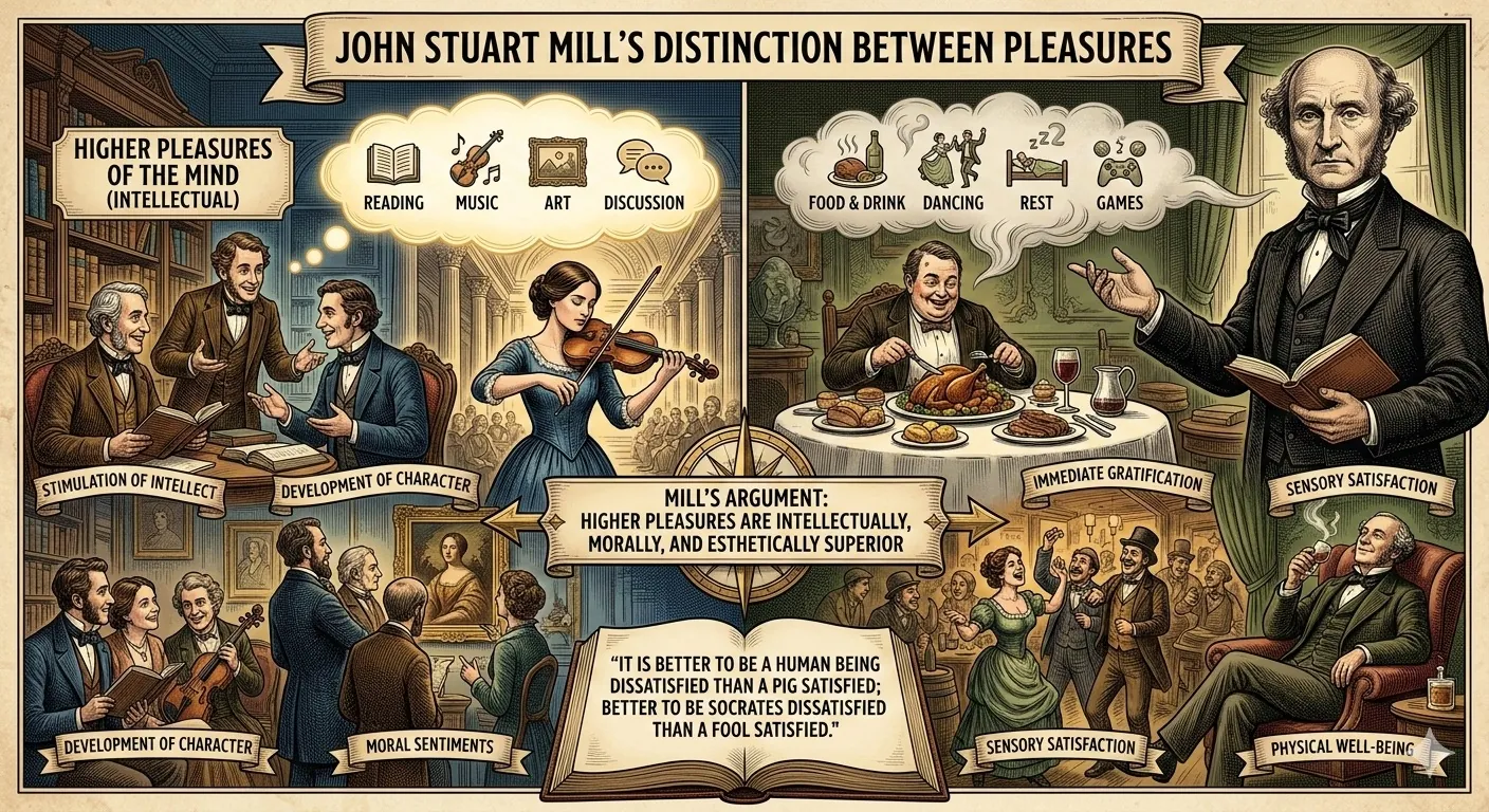 Illustration of John Stuart Mill's hierarchy of higher and lower pleasures distinguishing intellectual from bodily gratification