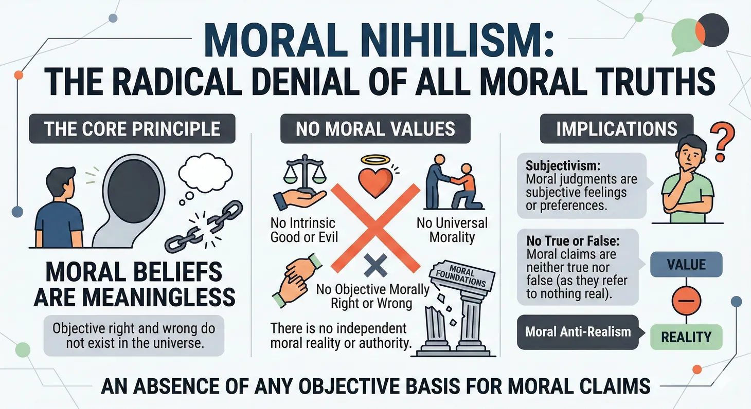 Conceptual illustration of moral nihilism denying the existence of any moral truths or objective moral facts