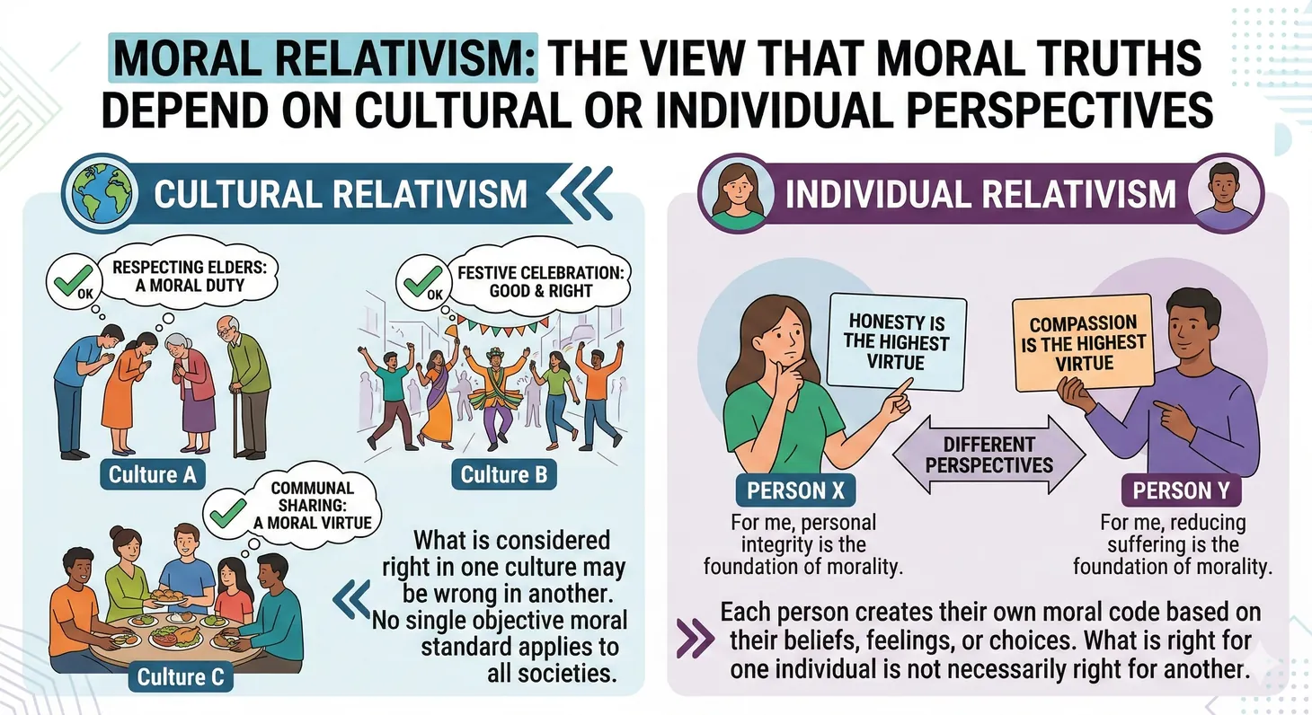 Illustration of moral relativism showing different cultural perspectives on morality with no objective standard