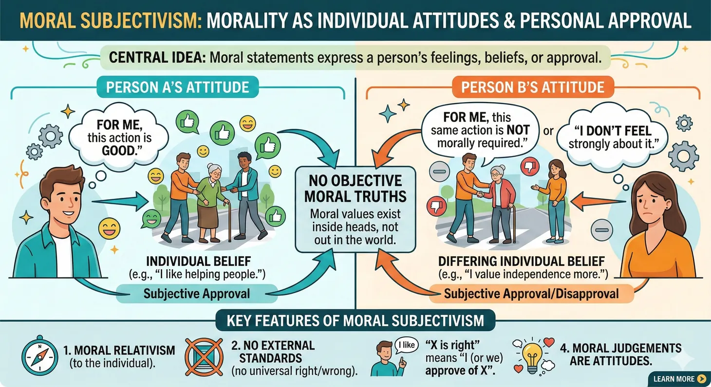 Illustration of moral subjectivism where moral judgments reduce to individual attitudes and personal approval