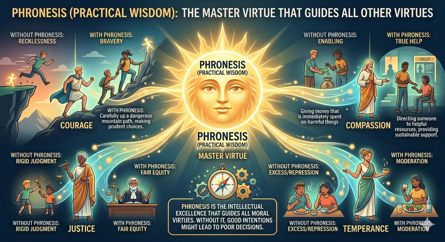 Illustration of phronesis as the master virtue connecting and guiding all moral virtues through practical wisdom