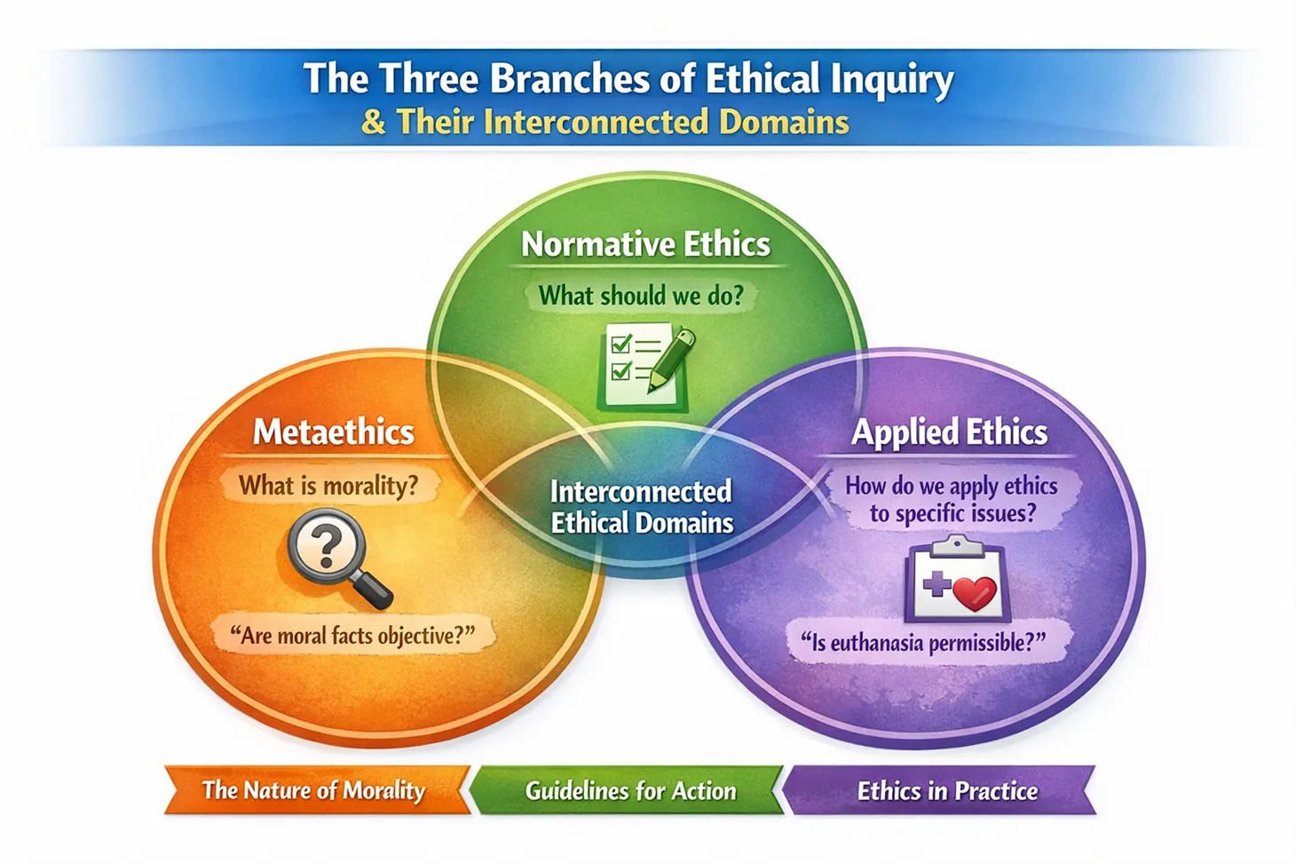 Diagram mapping the three branches of ethics: metaethics, normative ethics, and applied ethics with their central questions