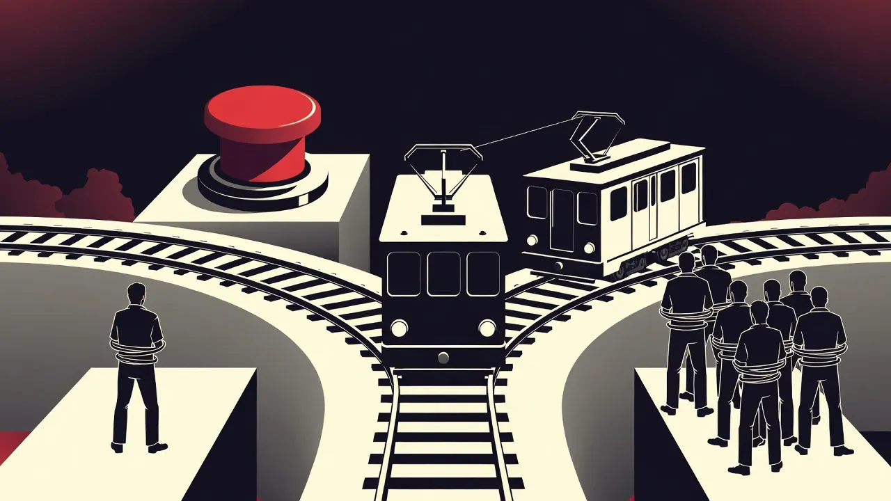 Illustration of the classic trolley problem thought experiment showing the moral dilemma between saving five lives or one