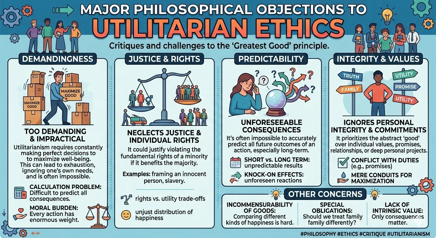Diagram showing the four major objections to utilitarianism: justice, integrity, demandingness, and measurement