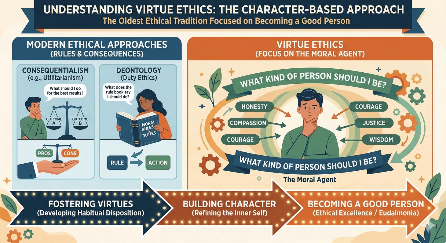 Illustration showing virtue ethics' focus on character development rather than rules or consequences