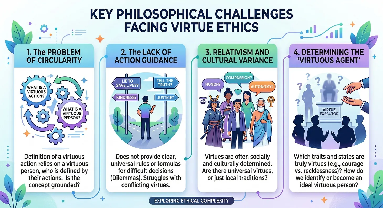 Diagram showing the three major objections to virtue ethics: cultural relativism, action-guidance, and circularity