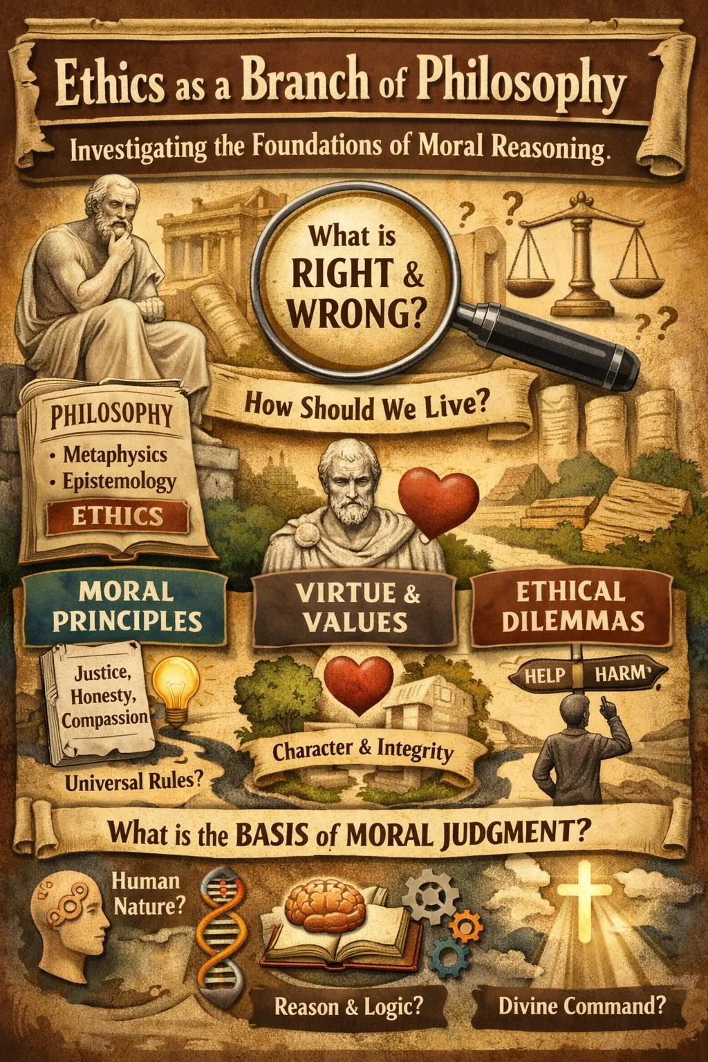 Conceptual illustration showing ethics as a branch of philosophy examining questions of right and wrong, good and evil