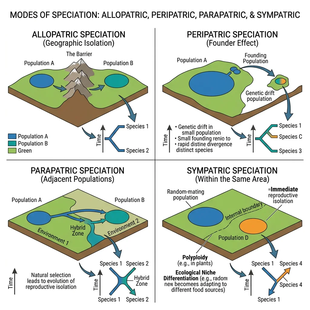 Four modes of speciation — allopatric, peripatric, parapatric, and sympatric — showing geographic relationships between diverging populations