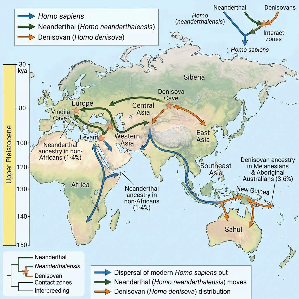 Map showing interbreeding events between Homo sapiens, Neanderthals, and Denisovans across Eurasia and Oceania