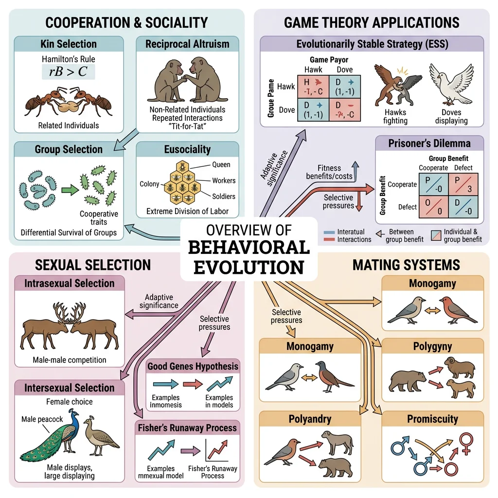 Concept map summarizing behavioral evolution topics including cooperation, game theory, and sexual selection