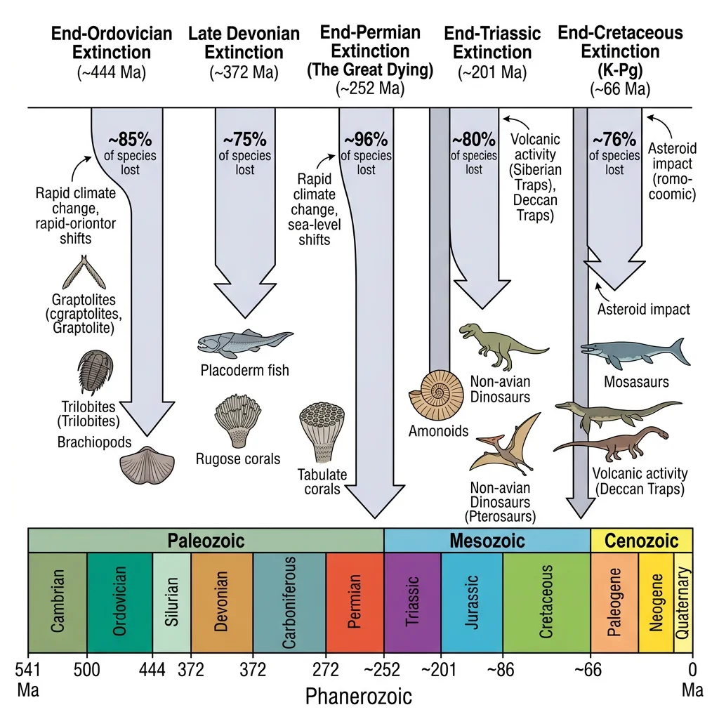 Timeline showing the Big Five mass extinction events across the Phanerozoic eon with species loss percentages