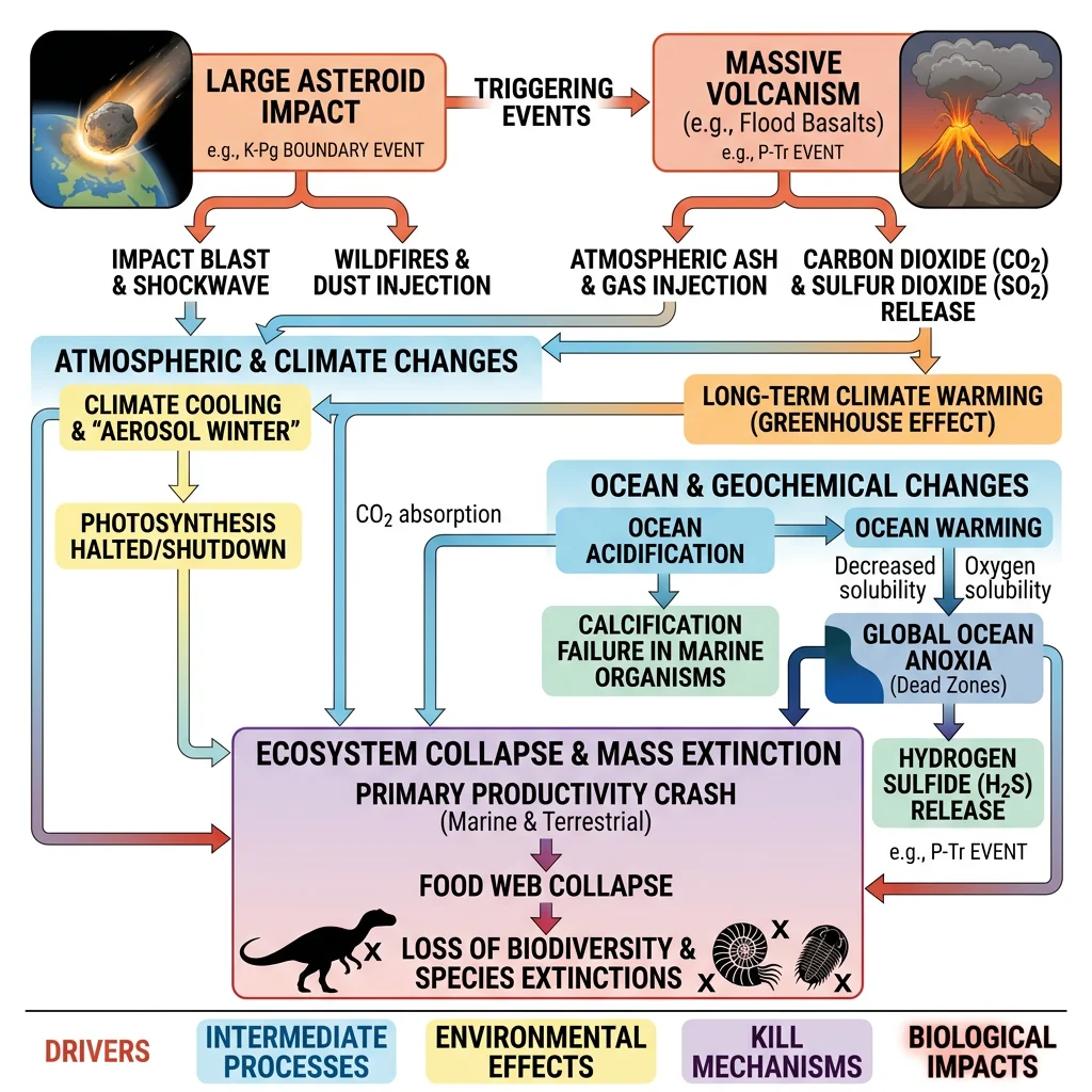 Flowchart of cascading kill mechanisms showing how asteroid impacts and volcanism trigger climate change, ocean anoxia, and ecosystem collapse