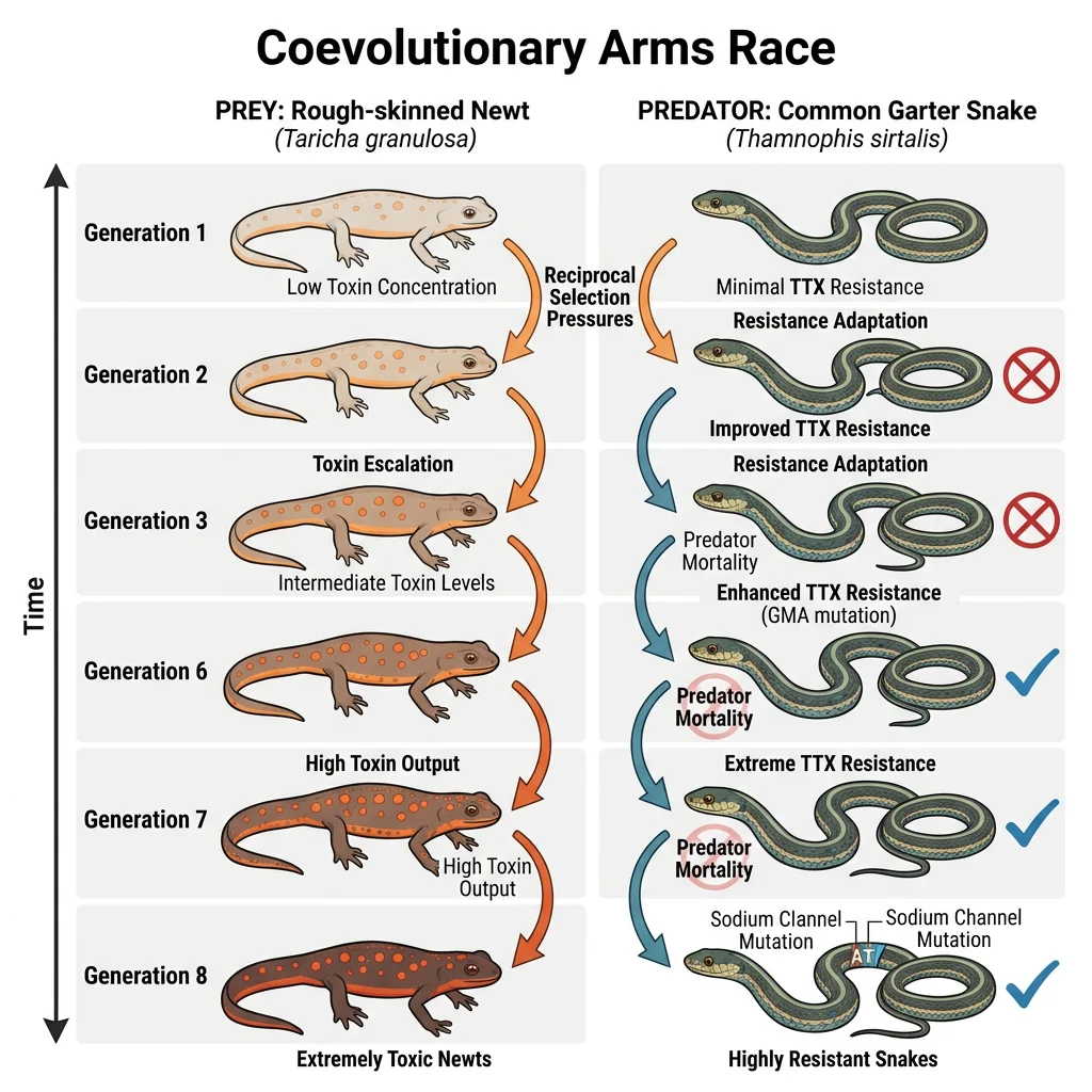 Illustration of a coevolutionary arms race showing escalating adaptations between predator and prey species over successive generations, with arrows indicating reciprocal selection pressures