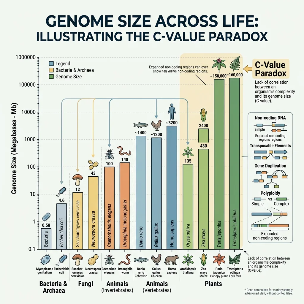 Chart comparing genome sizes across species from bacteria to plants illustrating the C-value paradox