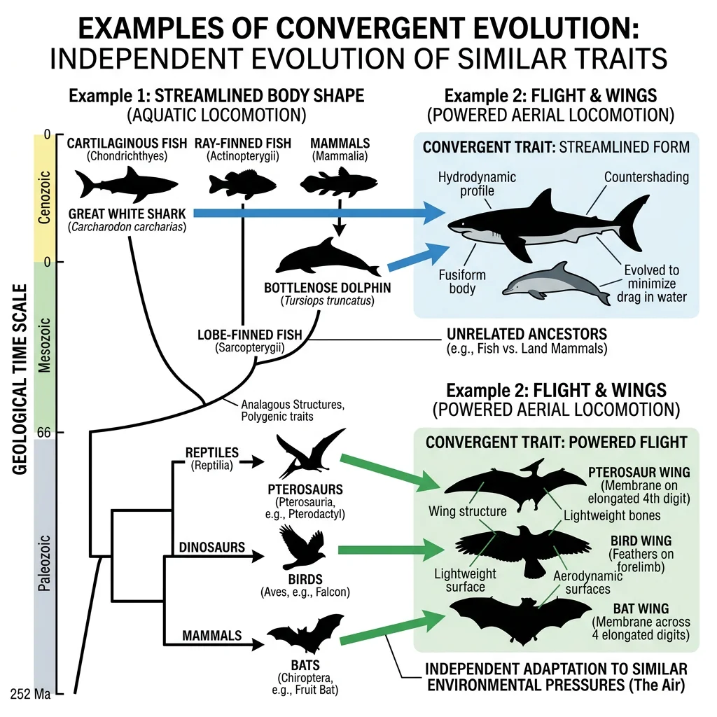 Convergent evolution examples showing independently evolved similar traits in unrelated organisms such as dolphin and shark body shapes