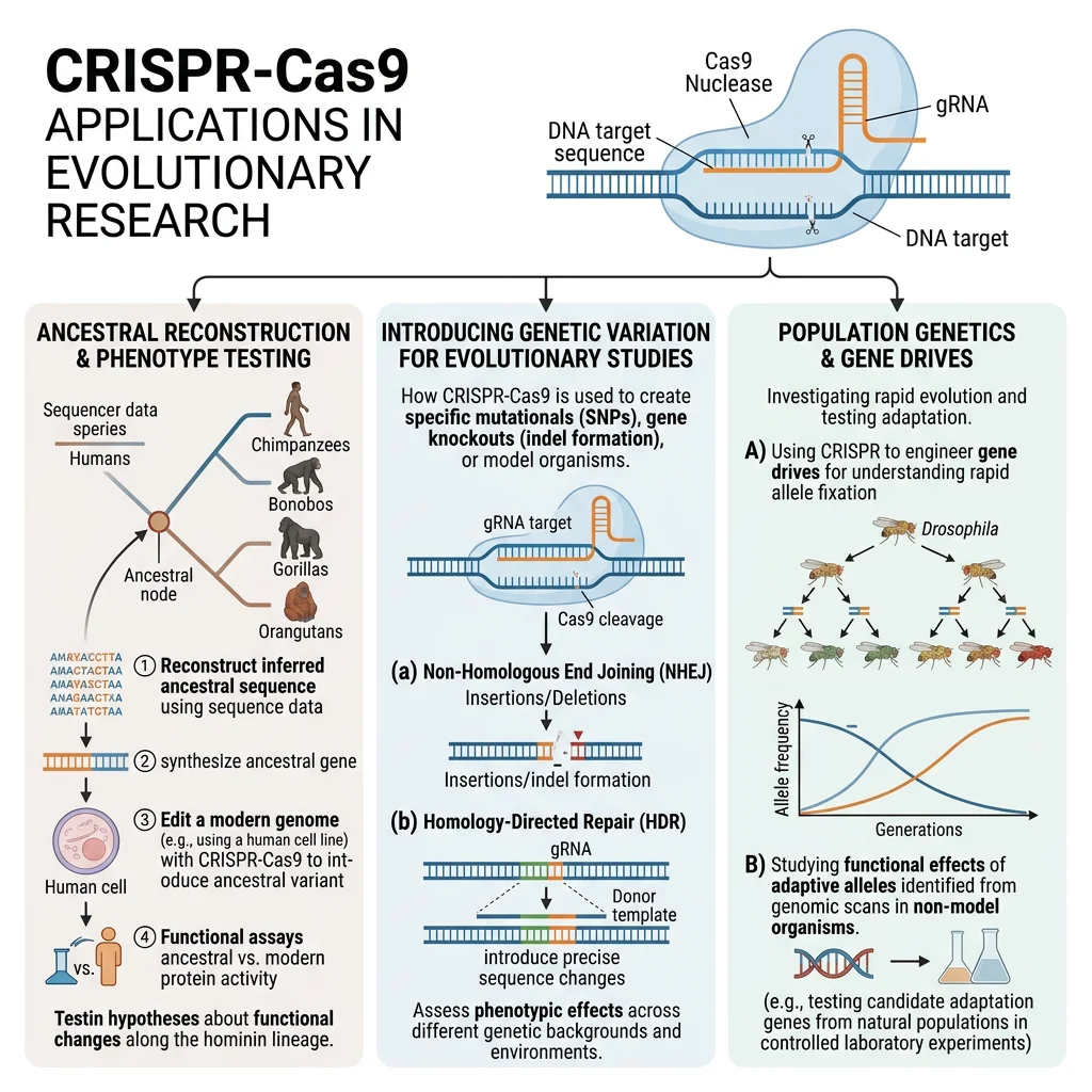 Diagram showing CRISPR-Cas9 applications in evolutionary research including ancestral reconstruction, gene drives, and de-extinction