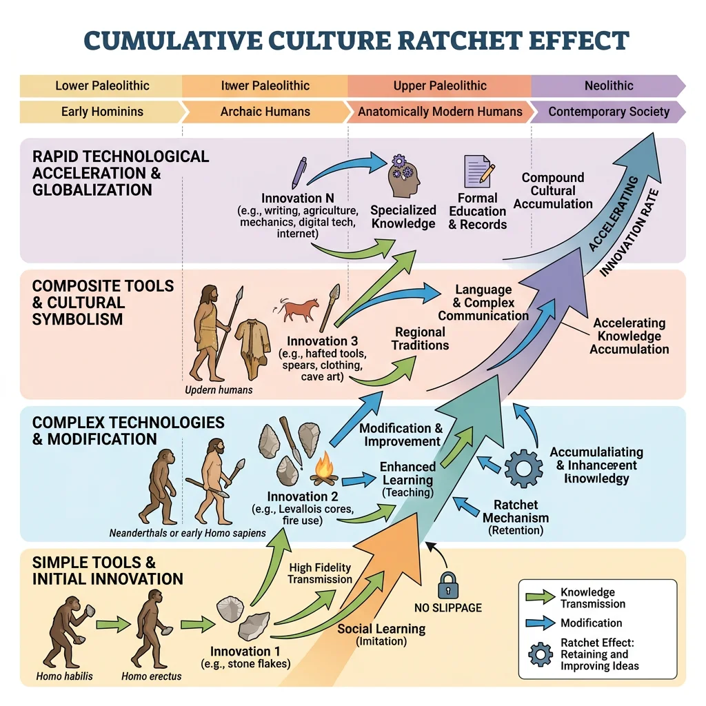 Diagram illustrating the cumulative culture ratchet effect showing accelerating innovation across generations