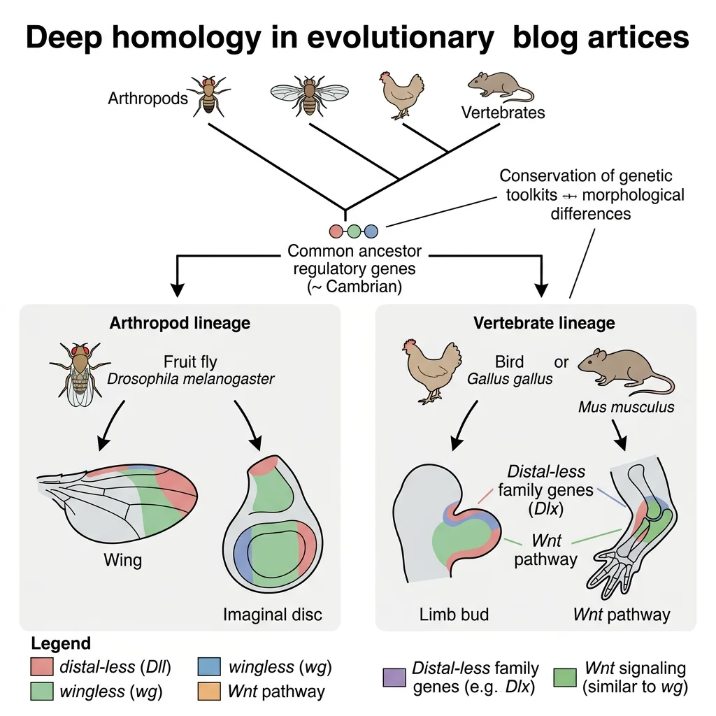 Illustration of deep homology showing the same toolkit genes redeployed to build different structures like insect wings and vertebrate limbs