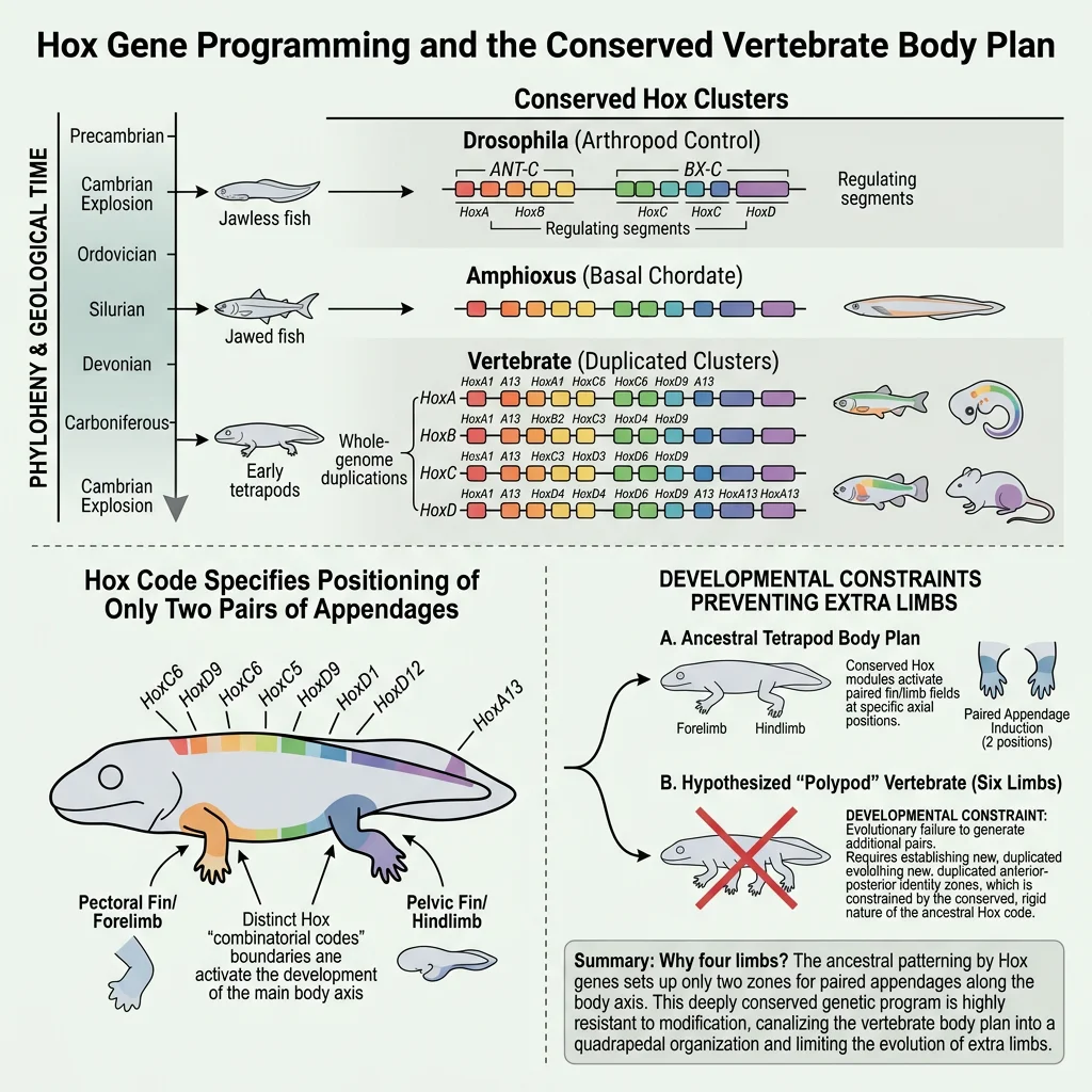 Diagram showing developmental constraints limiting vertebrate body plans to four limbs due to conserved Hox gene programming