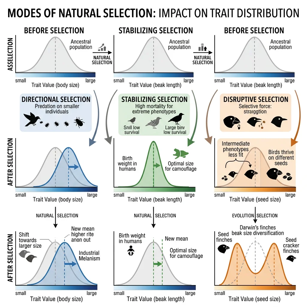 Comparison of directional, stabilizing, and disruptive selection showing how each mode reshapes trait distribution curves