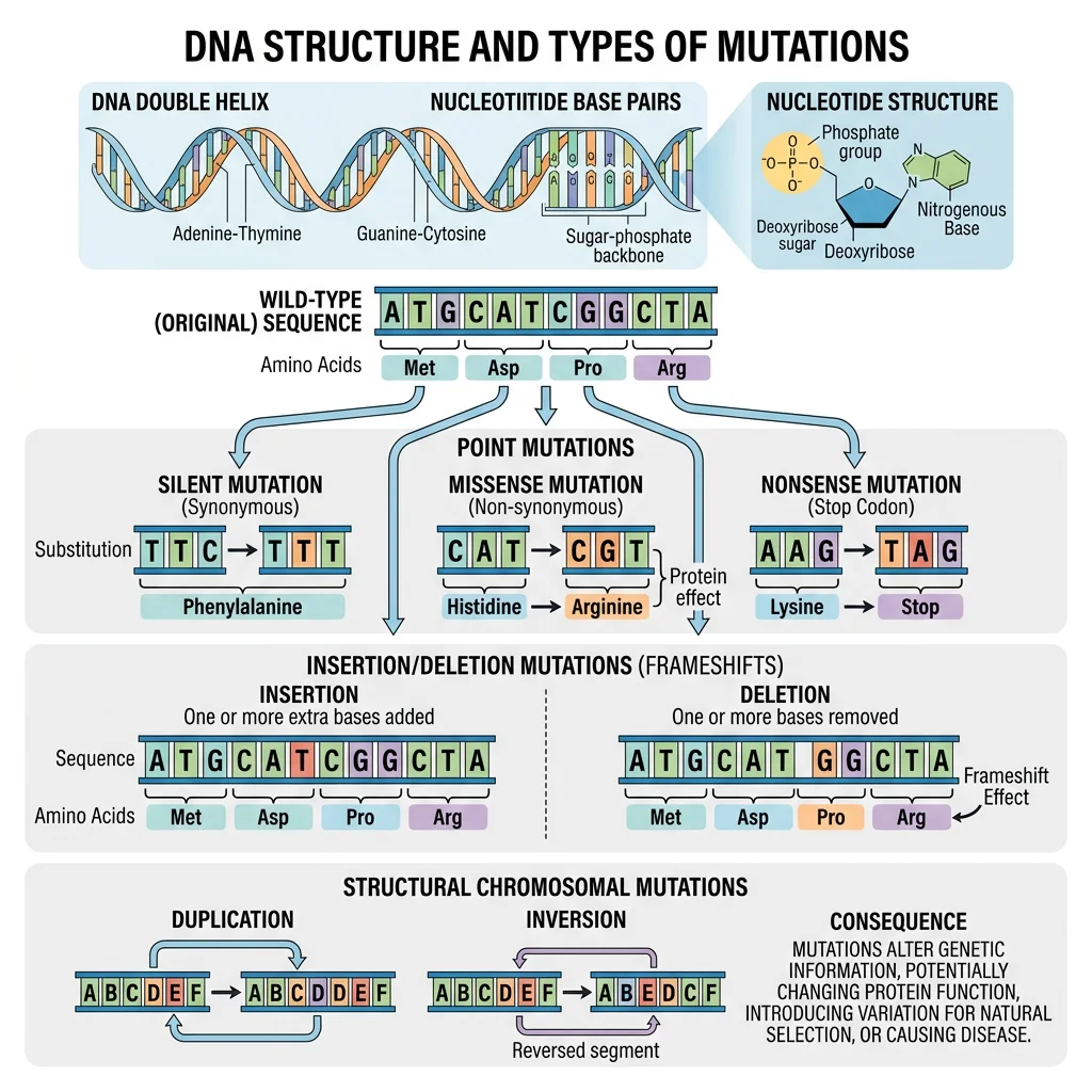 Overview of DNA structure and the major types of mutations including point mutations, insertions, deletions, duplications, and inversions