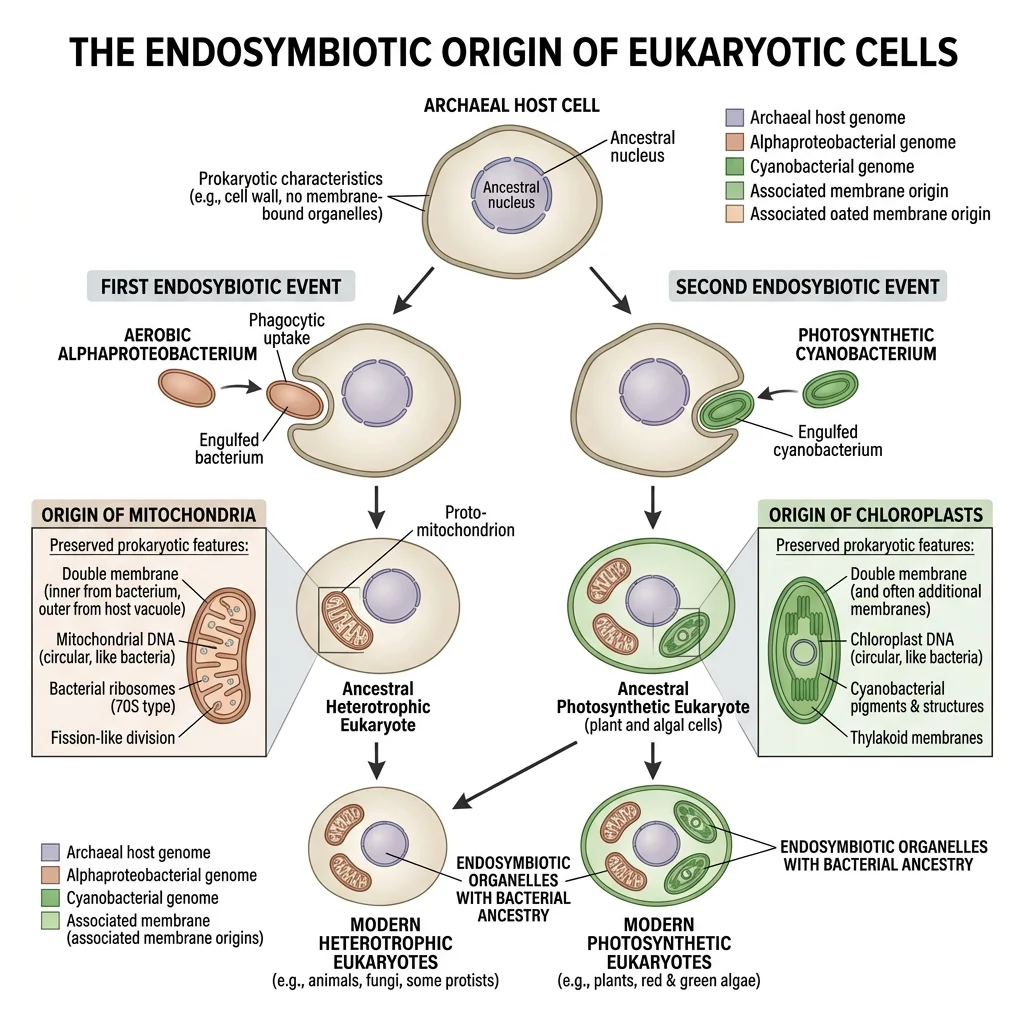 Illustration of the endosymbiotic origin of eukaryotic cells showing an ancestral archaeal host engulfing an alphaproteobacterium (becoming mitochondria) and later a cyanobacterium (becoming chloroplasts), with double membranes and circular DNA preserved
