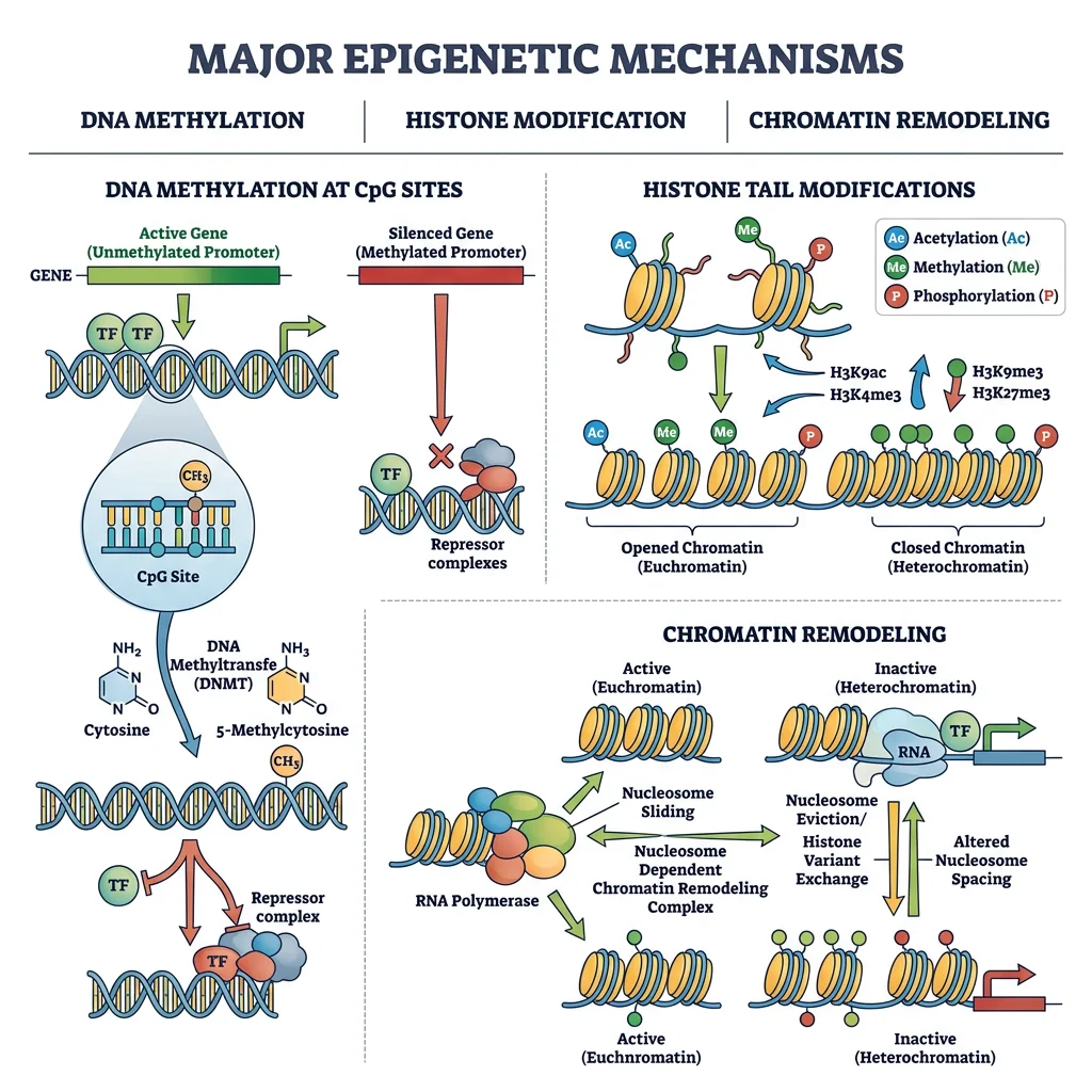 Illustration showing epigenetic mechanisms including DNA methylation at CpG sites, histone tail modifications, and chromatin remodeling
