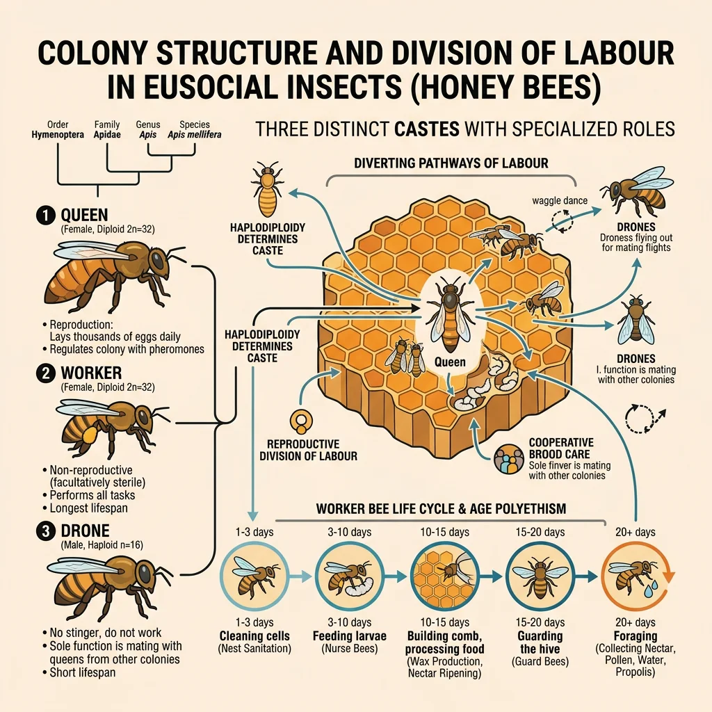 Diagram of eusocial insect colony showing queen, worker, and drone caste structure and division of labour