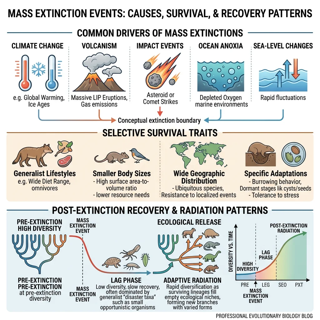 Diagram summarizing mass extinction causes, survival traits, and post-extinction recovery and radiation patterns