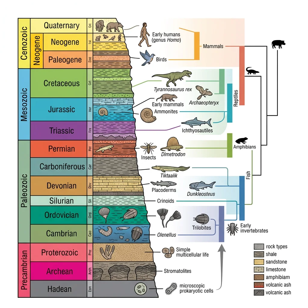 Diagram of geological strata layers showing fossils embedded at different time periods, from ancient Precambrian rock at the bottom to recent Cenozoic deposits at the top