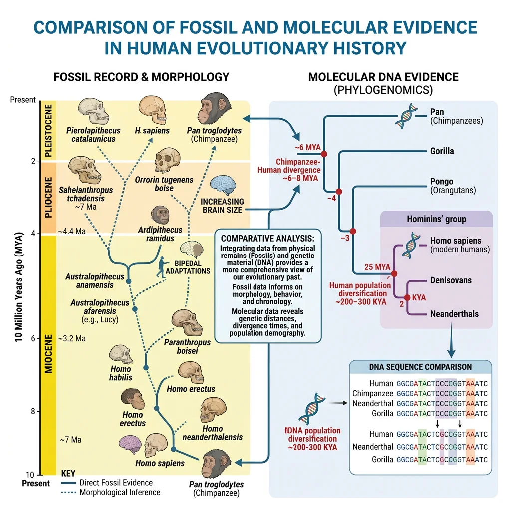 Comparison of fossil record and molecular DNA evidence used to reconstruct human evolutionary history