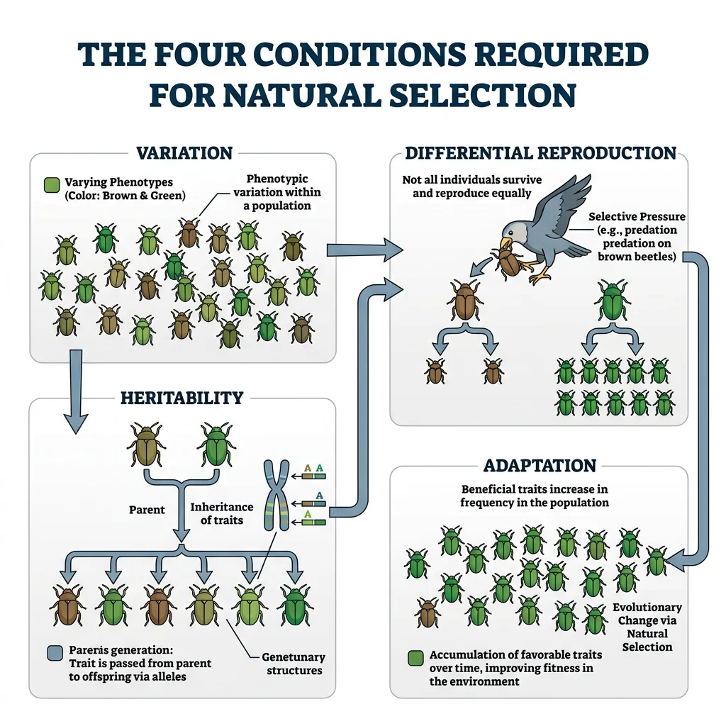 Diagram illustrating the four conditions required for natural selection: variation, heritability, differential reproduction, and adaptation