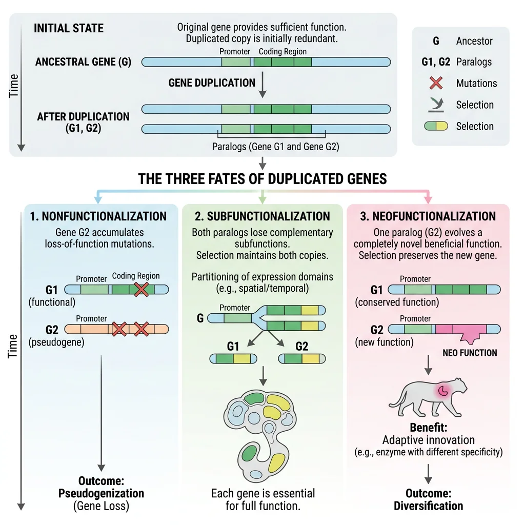 Diagram showing the three fates of duplicated genes: nonfunctionalization, subfunctionalization, and neofunctionalization