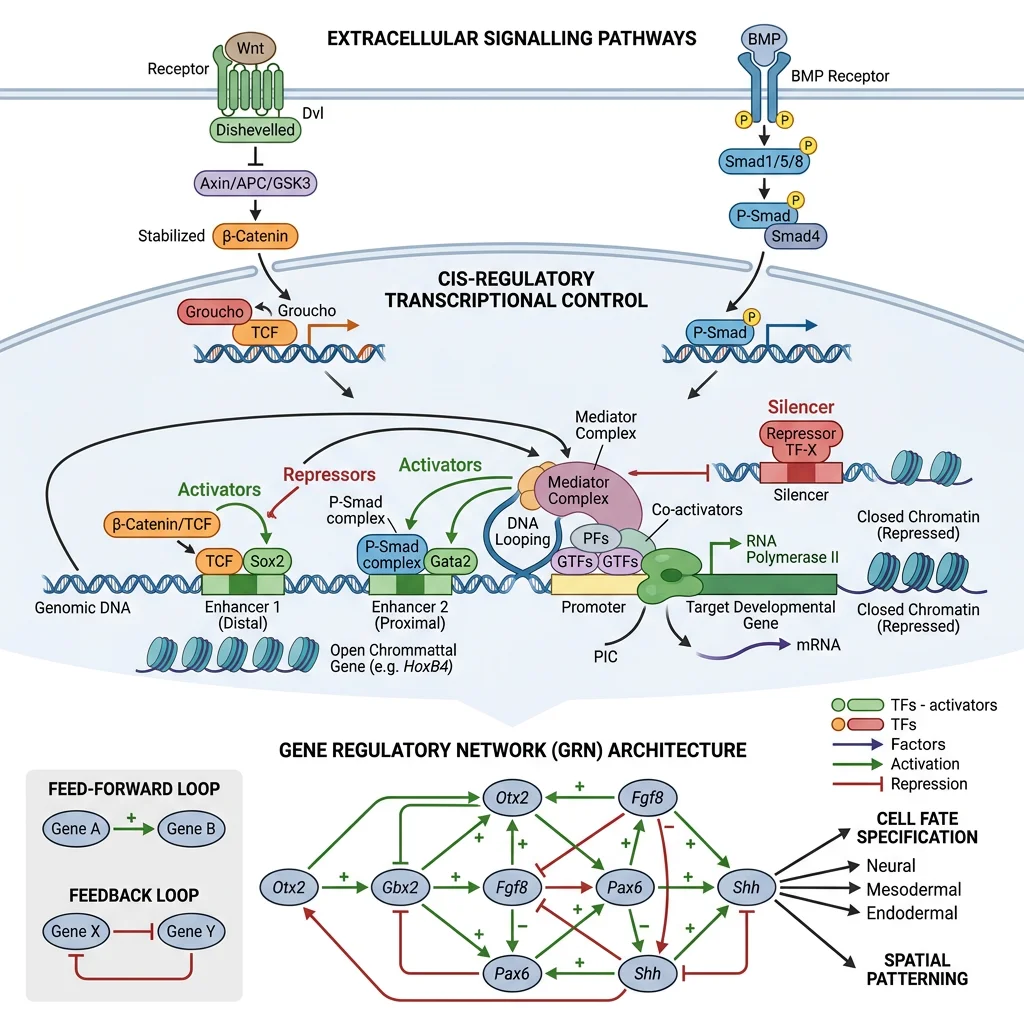 Gene regulatory network diagram showing transcription factors, enhancers, and signalling pathways controlling developmental gene expression