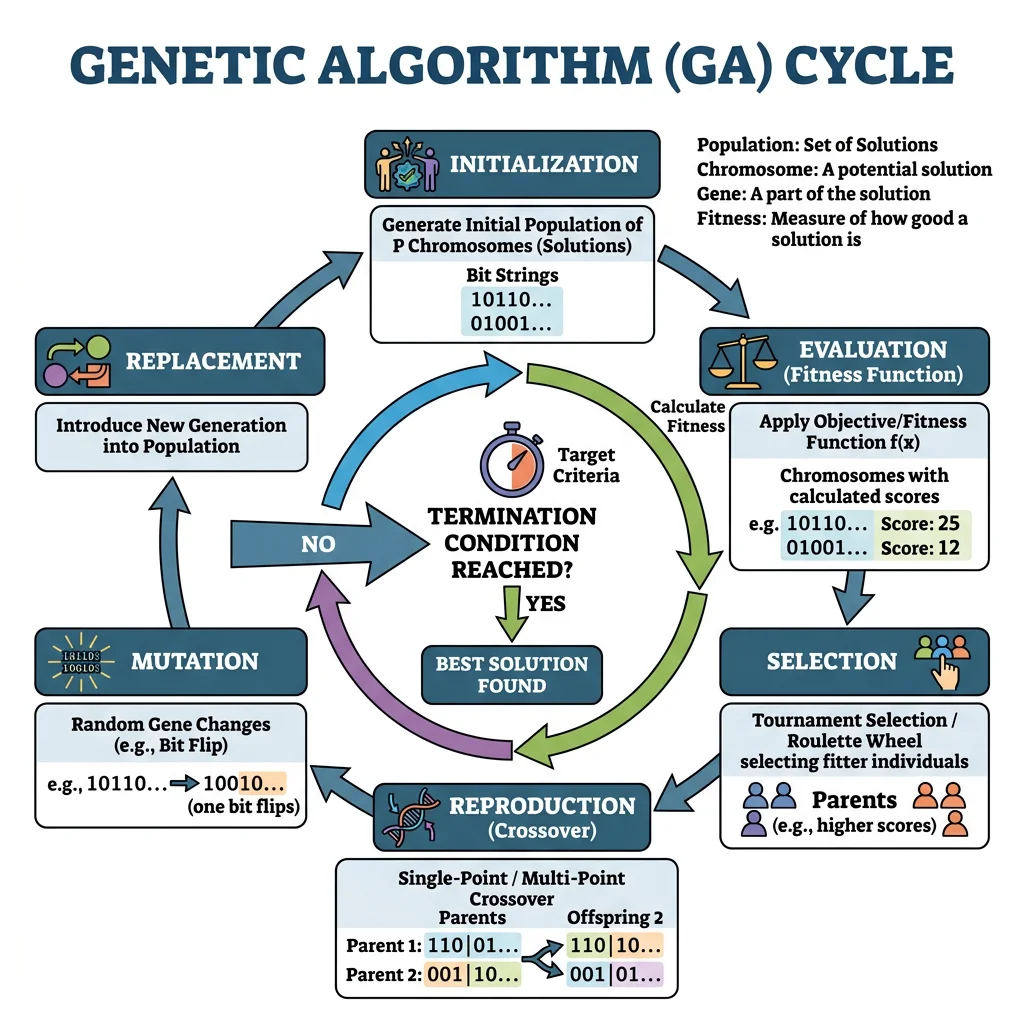 Flowchart of genetic algorithm showing initialization, evaluation, selection, crossover, and mutation cycle
