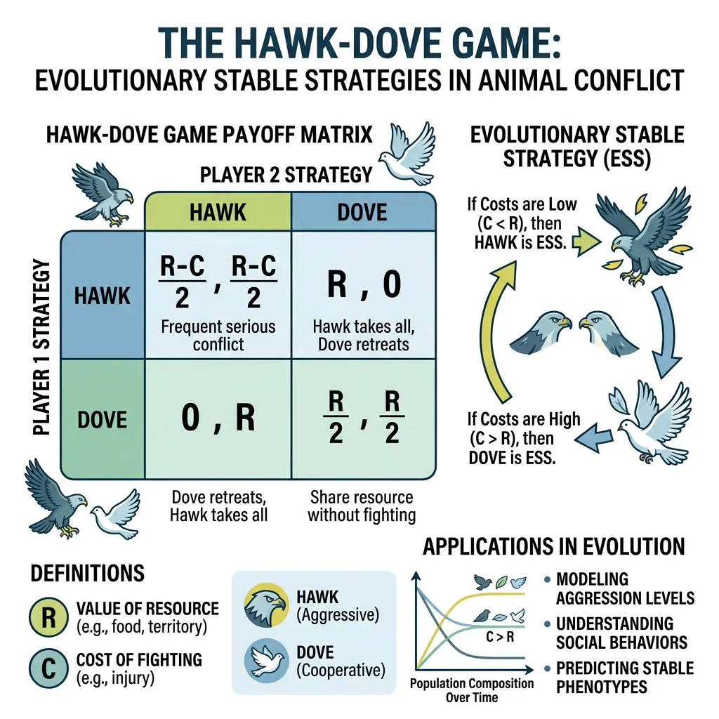 Hawk-Dove game theory payoff matrix showing evolutionary stable strategies in animal conflict