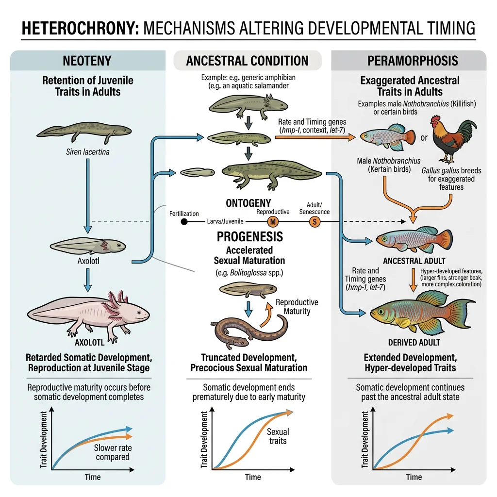 Comparison diagram showing neoteny, progenesis, and peramorphosis as different types of heterochrony affecting adult morphology