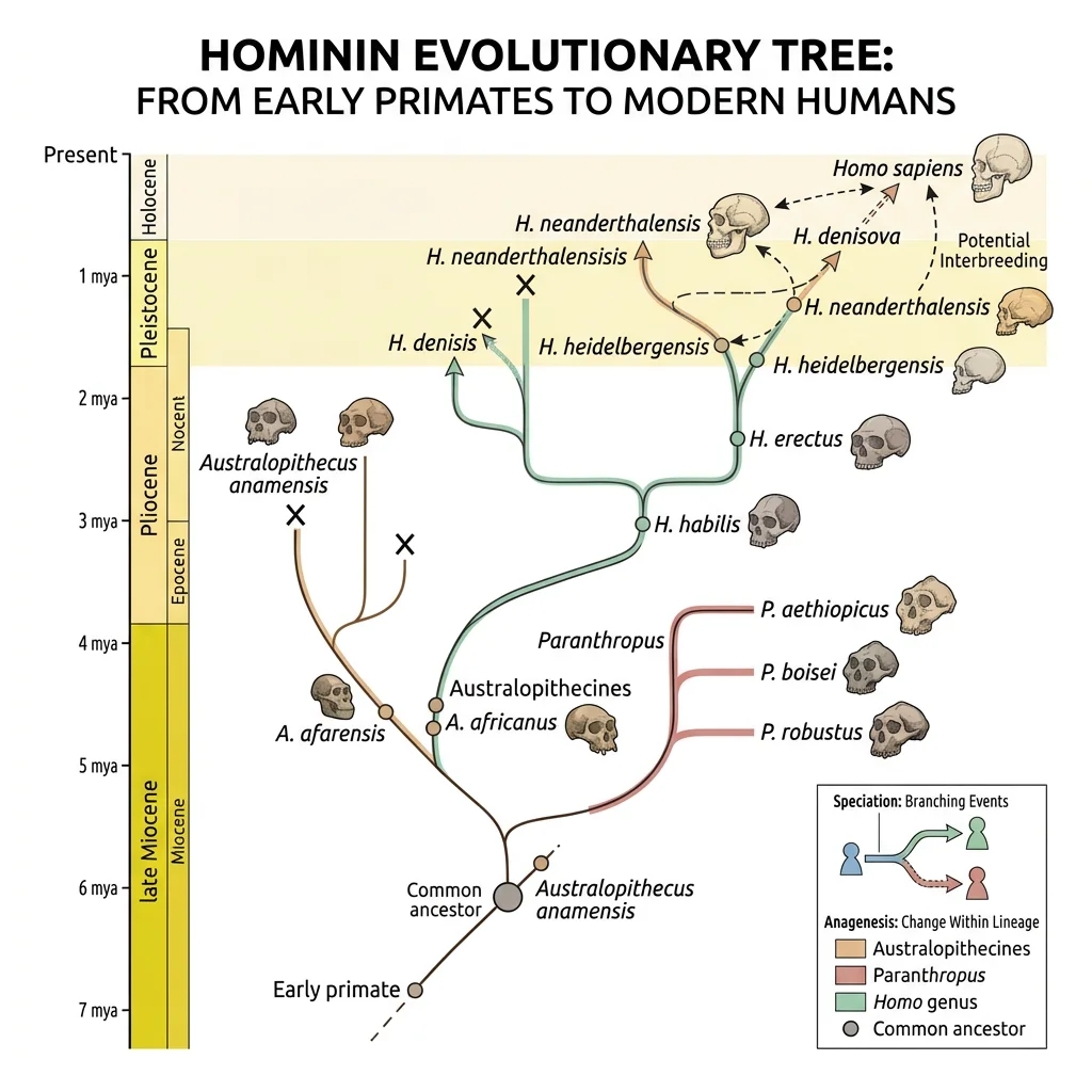 Branching tree diagram showing the hominin lineage from early primates to modern Homo sapiens