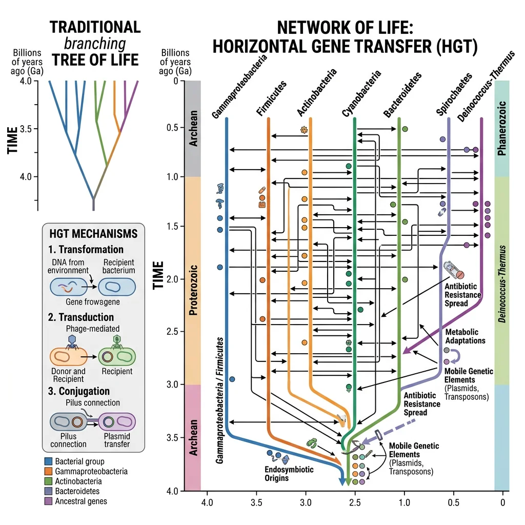 Network diagram showing horizontal gene transfer between bacterial lineages forming a web of life instead of a simple branching tree