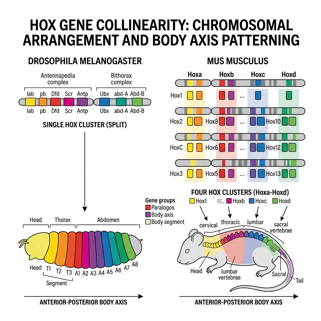 Diagram showing Hox gene collinear arrangement on chromosomes mapping to corresponding body segments from head to tail in Drosophila and mouse