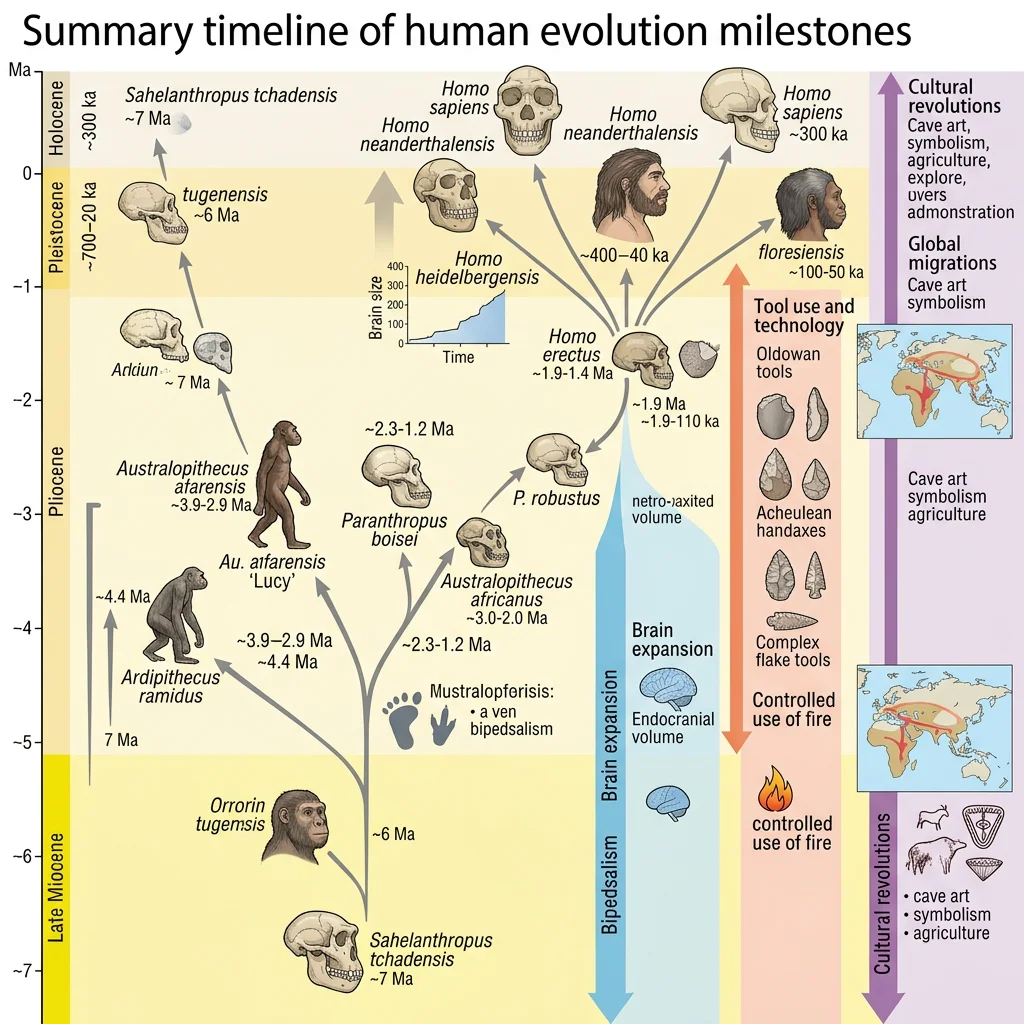 Summary timeline of human evolution milestones from bipedalism through brain expansion, migration, and cultural revolutions